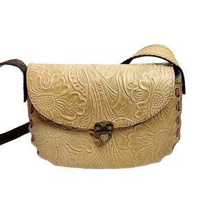 Genuine Leather Embossed Floral Tooled Saddle Bag Cream Purse Crossbody Bohemian